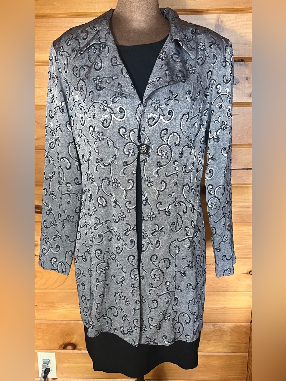 Women's Grey Embroidered Longline Dress Jacket with black dress